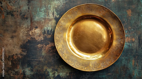 An ornate golden plate on a textured rustic background, ready for food or a product display. photo