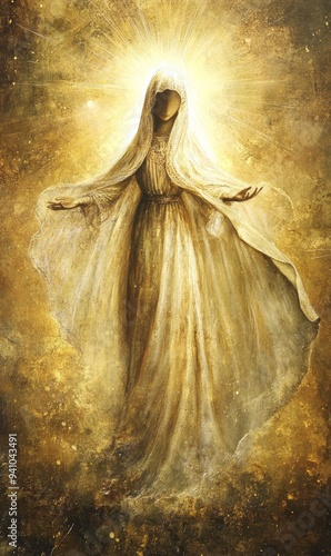 An image imbued with the sacred aura of Catholicism depicts the Holy Mary, her figure radiating divine grace. 