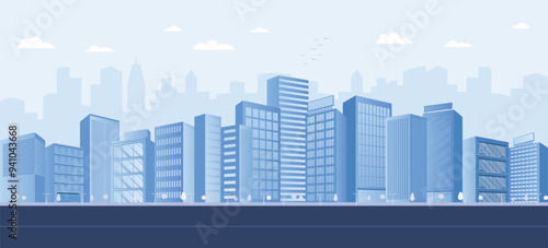 Monochrome blue urban landscape with clouds and birds in the sky. Light blue city buildings with trees. Modern architectural flat style vector art. Vector cityscape background.