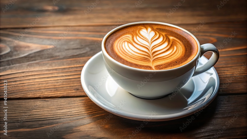 Creamy cappuccino in a ceramic cup on saucer with latte art Creamy cappuccino in a ceramic cup on saucer with latte art