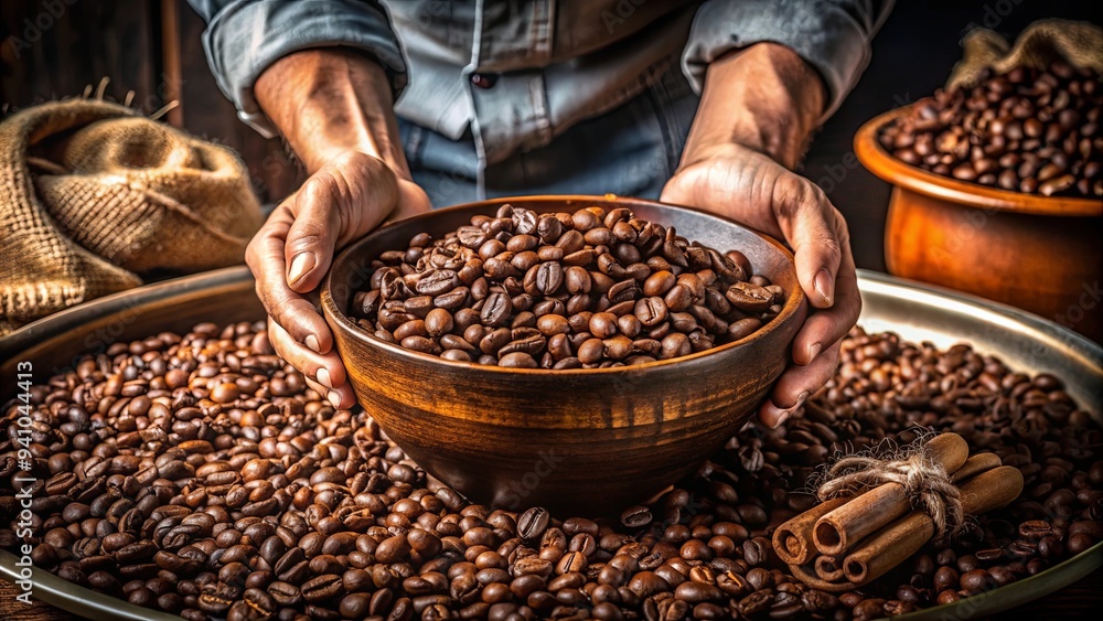 Close-up of hands mixing freshly roasted coffee beans in a bowl Close-up of hands mixing freshly roasted coffee beans in a bowl