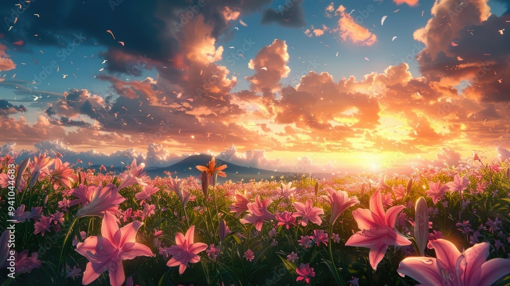 Fototapeta premium Pink Lilies Bloom in a Field at Sunset