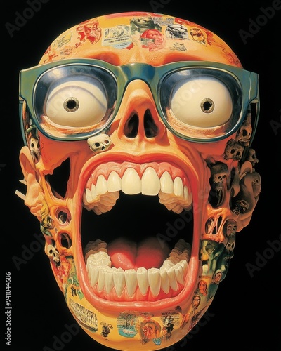 A grotesque mask, its gaping maw an exaggerated caricature of human anatomy, dominates the composition.