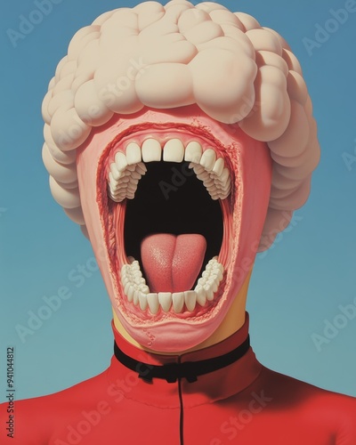 A grotesque mask, its gaping maw an exaggerated caricature of human anatomy, dominates the composition.