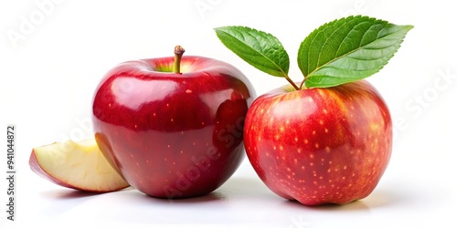 Vibrant red apple with green leaf and a fresh slice on white background photo