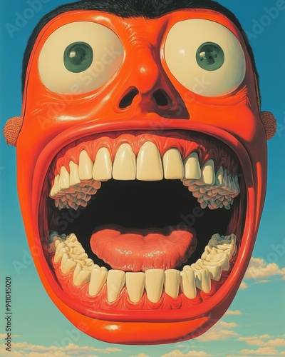 A grotesque mask, its gaping maw an exaggerated caricature of human anatomy, dominates the composition.
