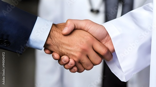 A close-up of two hands shaking, one in business attire and the other with a medical coat, symbolizing trust between a businessman and doctor during an important meeting