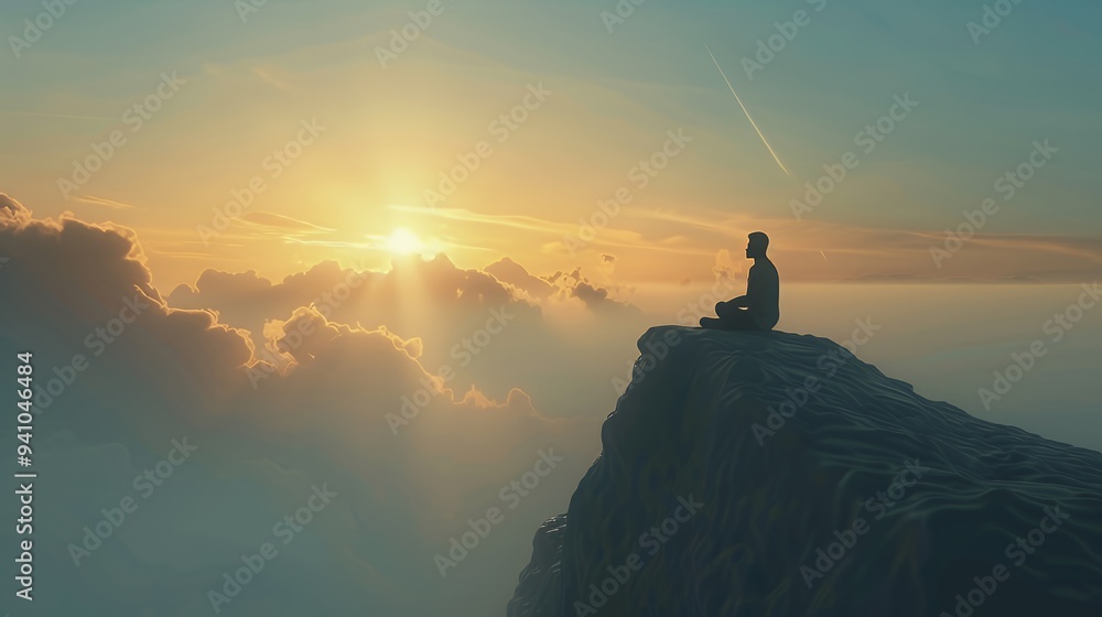 A person meditating on a cliff, overlooking a serene sunrise amidst clouds. A person meditating on a cliff, overlooking a serene sunrise amidst clouds.