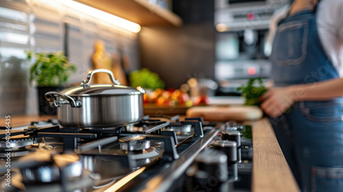 A shiny cooking pot sits on a gas stove in a contemporary kitchen, with blurred background details of the workspace.