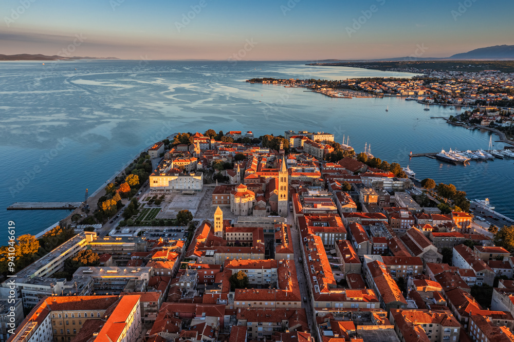 Zadar, Croatia - Aerial panoramic view of the old town of Zadar by the Adriatic sea with Church of St. Donatus and the Cathedral of St. Anastasia and blue sky on a bright summer morning
