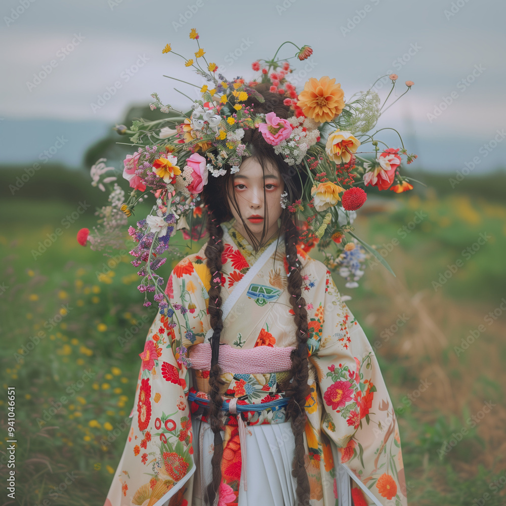 花柄の服を着たアジア人女性のファッションポートレート写真 花柄の服を着たアジア人女性のファッションポートレート写真