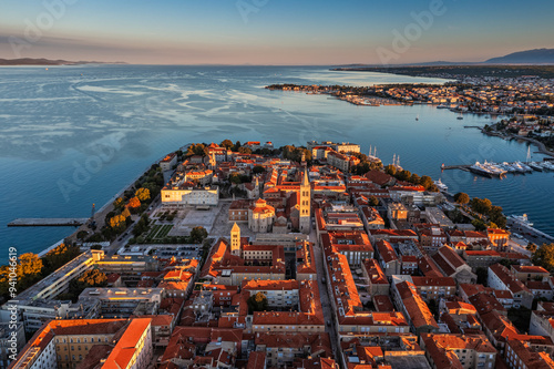 Obraz na płótnie Zadar, Croatia - Aerial panoramic view of the old town of Zadar by the Adriatic sea with Church of St. Donatus and the Cathedral of St. Anastasia and blue sky on a bright summer morning w salonie