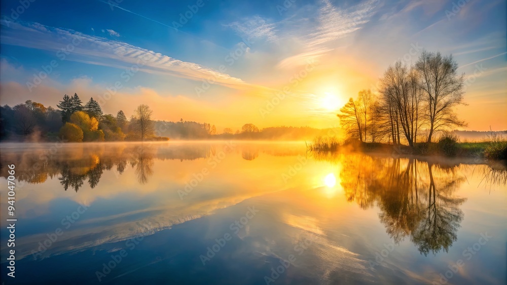 Sunrise over foggy lake in early spring, creating a serene and tranquil scene Sunrise over foggy lake in early spring, creating a serene and tranquil scene