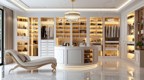 Elegant modern closet design featuring spacious shelves, stylish storage, and a chic lounge chair, perfect for organization and luxury.