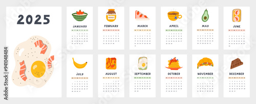 Cute calendar template for 2025 year with cartoon illustrations of food for breakfast. Calendar grid with weeks starts on Monday for nursery or office. Horizontal monthly calender layout for planning.