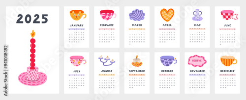 Cute calendar template for 2025 year with cartoon clipart of hand made pottery. Calendar grid with weeks starts on Monday for kids nursery. Horizontal monthly calender layout for planning.