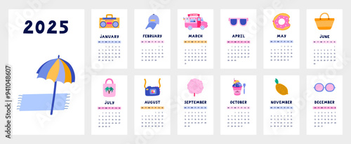Cute calendar template for 2025 year with tropical summer clipart. Calendar grid with weeks starts on Monday for kids nursery or corporate design. Horizontal monthly calender layout for planning.