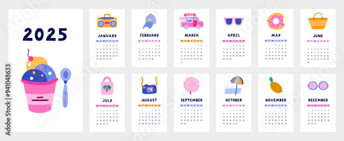 Cute calendar template for 2025 year with tropical summer illustrations. Calendar grid with weeks starts on Monday for kids nursery, corporate design. Horizontal monthly calender layout for planning.