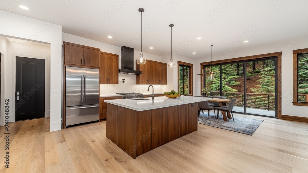 Modern kitchen with wooden cabinets and a stylish island, blending functionality and elegance in a serene outdoor setting. Modern kitchen with wooden cabinets and a stylish island, blending functionality and elegance in a serene outdoor setting.