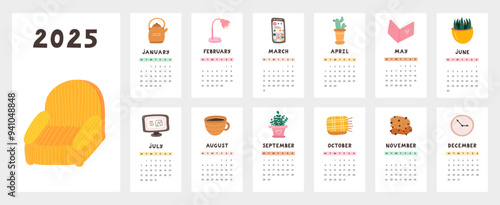 Cute calendar template for 2025 year with cozy scandinavian clipart. Calendar grid with weeks starts on Monday for kids nursery, corporate office. Horizontal monthly calender layout for planning.