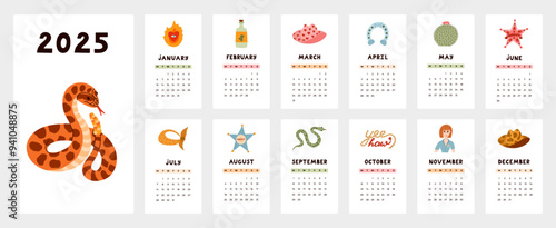 Cute calendar template for 2025 year with trendy western and cowboy clipart. Calendar grid with weeks starts on Monday for kids nursery, office. Horizontal monthly calender layout for planning.