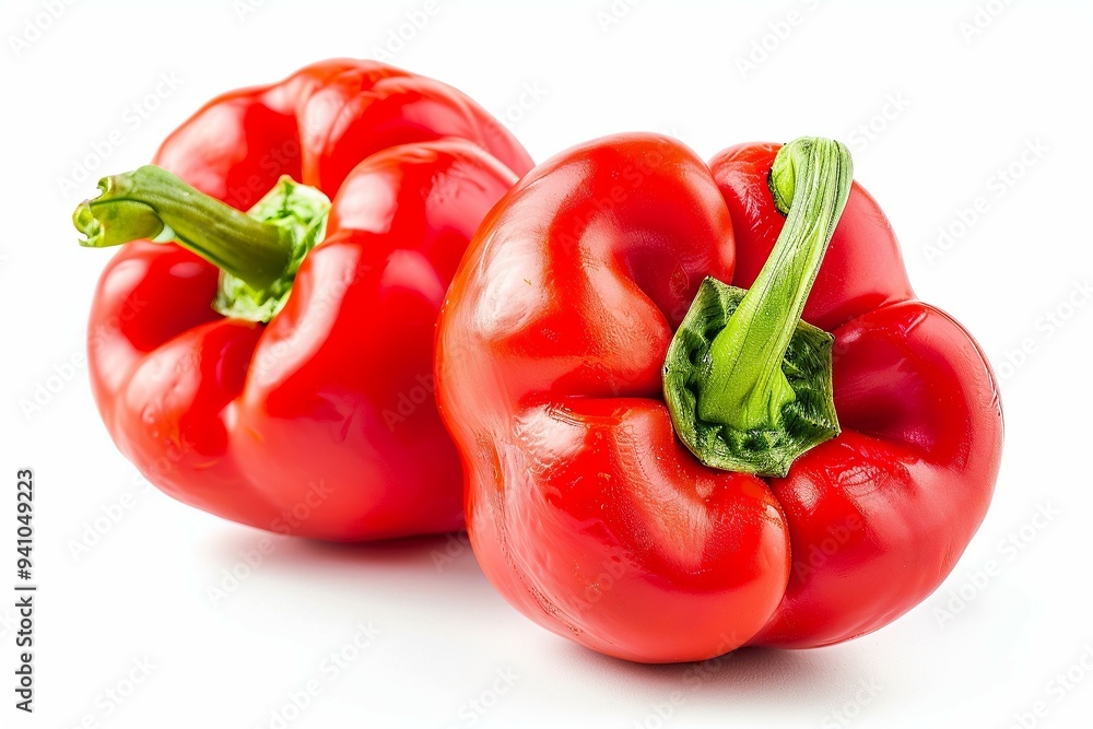 Fresh red bell peppers on a white background showcasing their vibrant color and texture Fresh red bell peppers on a white background showcasing their vibrant color and texture