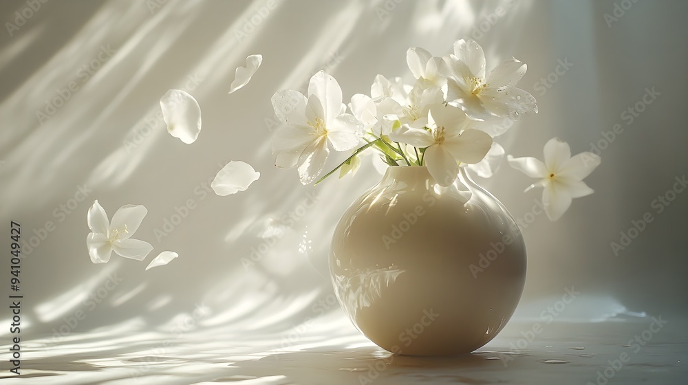 Suspended vase in mid-air, petals and droplets hovering, defying gravity, surrounded by ethereal light and soft shadows, evoking surreal tranquility Suspended vase in mid-air, petals and droplets hovering, defying gravity, surrounded by ethereal light and soft shadows, evoking surreal tranquility