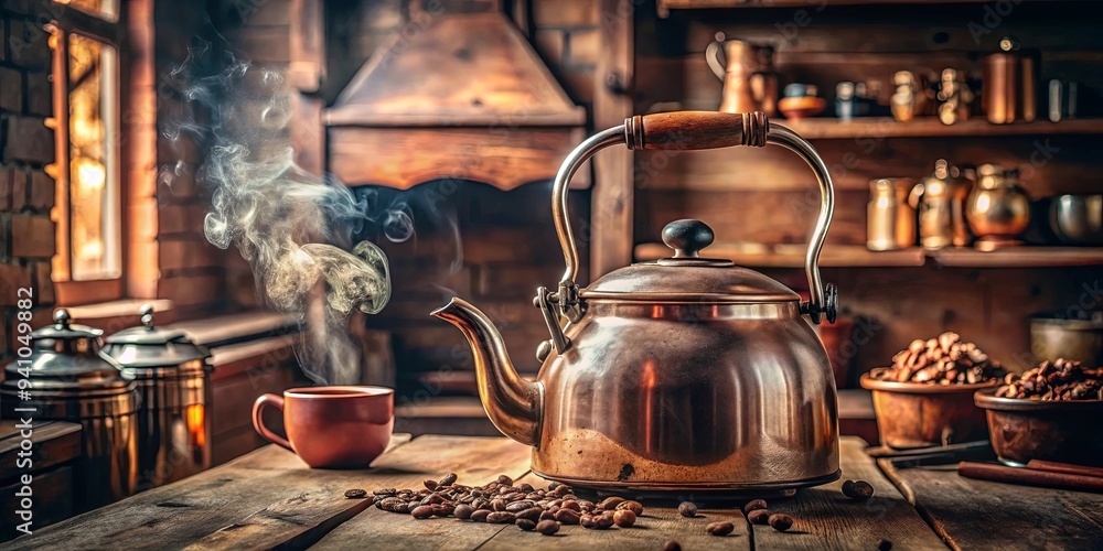 An old kettle boiling water for mixing fresh arabica coffee in a cozy country kitchen setting An old kettle boiling water for mixing fresh arabica coffee in a cozy country kitchen setting