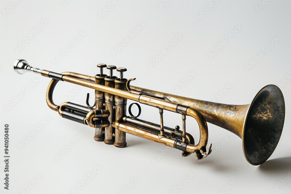 Obraz premium A single brass trumpet sits on a plain white surface, ready for use