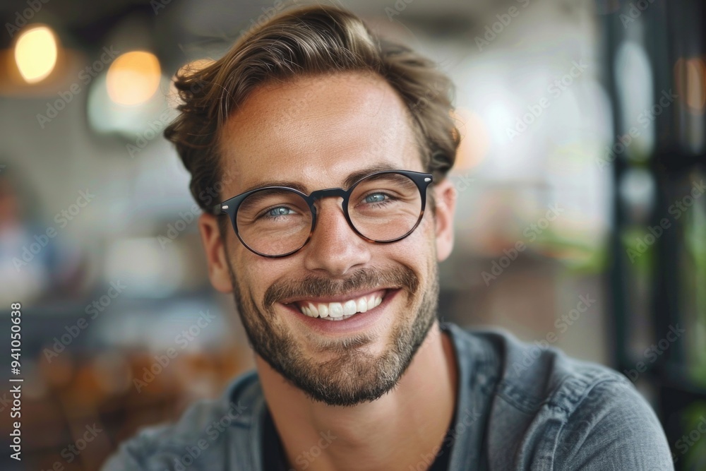 A person with glasses smiling directly at the camera A person with glasses smiling directly at the camera