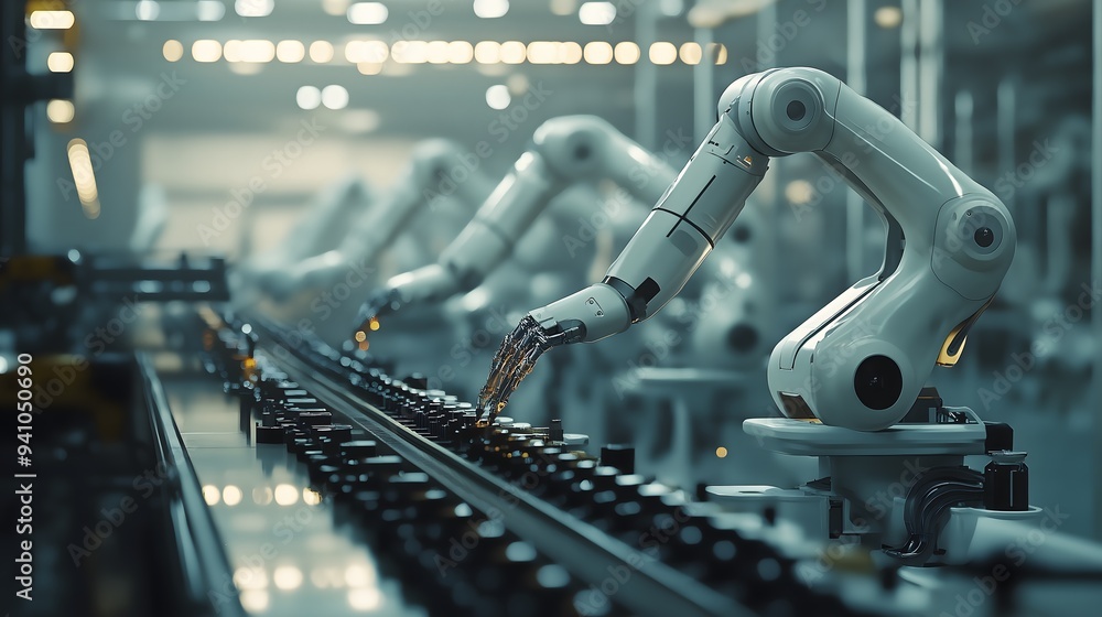 Robotic Arms Working on Assembly Line in Factory Robotic Arms Working on Assembly Line in Factory