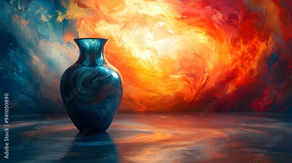 Vase floating in mid-air, its contents halted in time, surrounded by a swirling abstract backdrop of colors, creating a sense of serene otherworldliness Vase floating in mid-air, its contents halted in time, surrounded by a swirling abstract backdrop of colors, creating a sense of serene otherworldliness