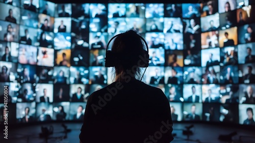 Person with Headphones Monitors Multiple Screens