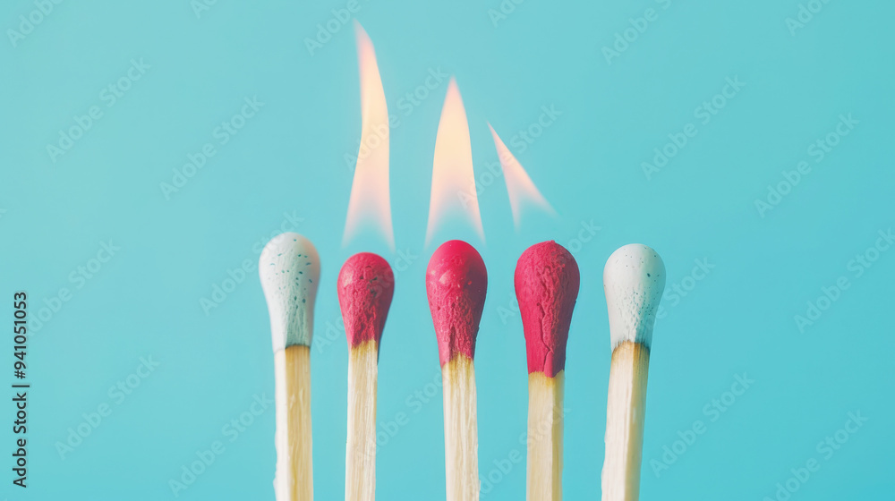 Group of different matches, some burning, pastel blue background, leadership, idea generation, teamwork. Generative AI Group of different matches, some burning, pastel blue background, leadership, idea generation, teamwork. Generative AI