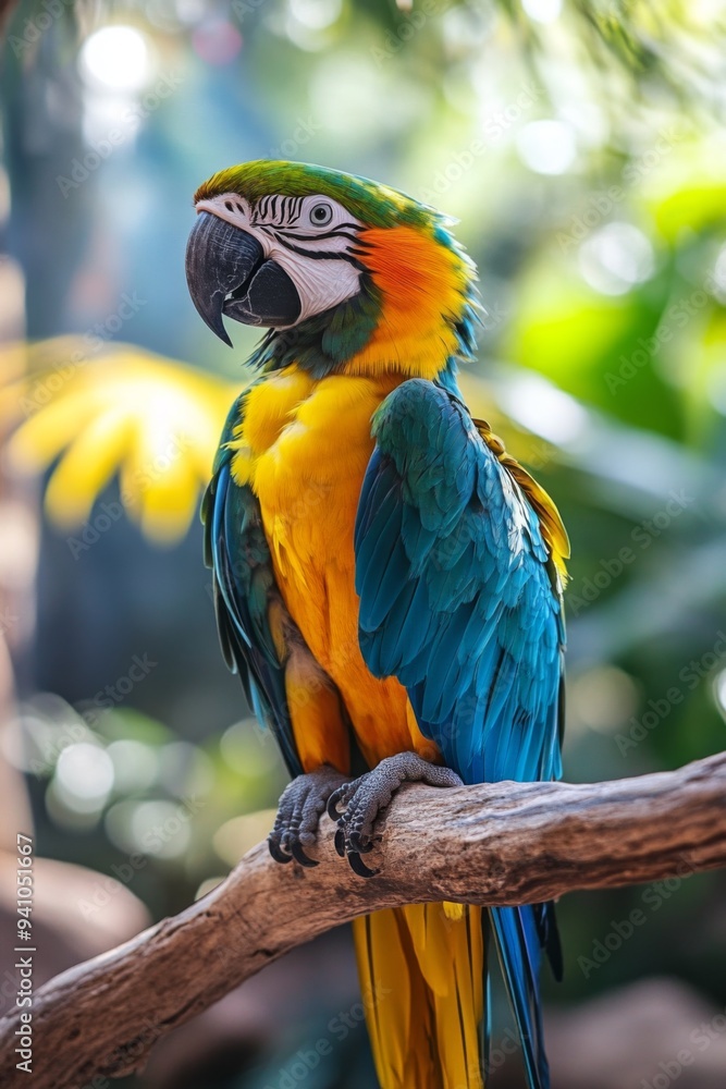 A blue and yellow macaw perched on a branch in a lush tropical setting. A blue and yellow macaw perched on a branch in a lush tropical setting.