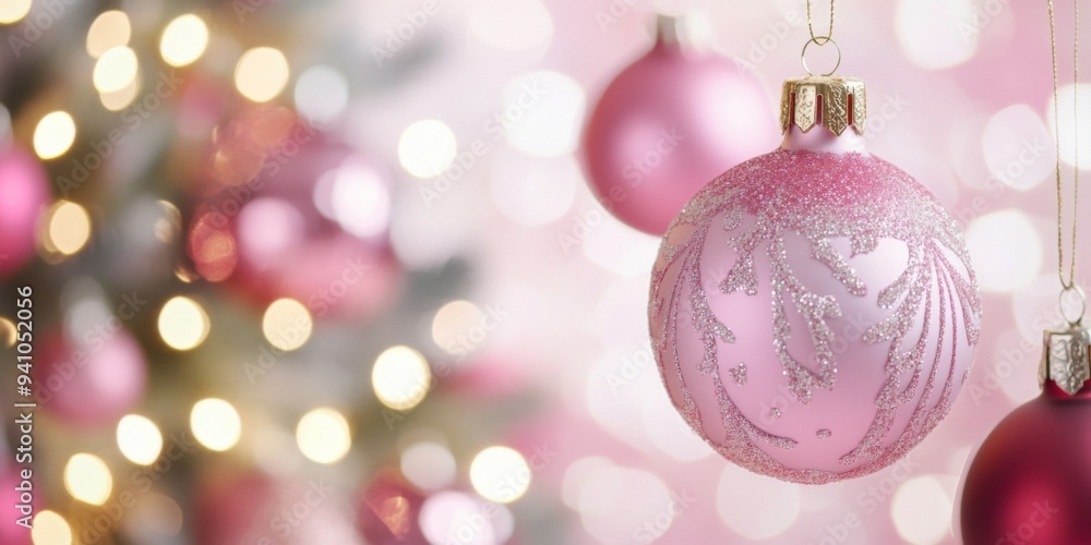 The pink Christmas ball hangs in the background of fuzzy flashing lights, festive decorations, winter celebrations, warm and cozy atmosphere, seasonal decorations The pink Christmas ball hangs in the background of fuzzy flashing lights, festive decorations, winter celebrations, warm and cozy atmosphere, seasonal decorations