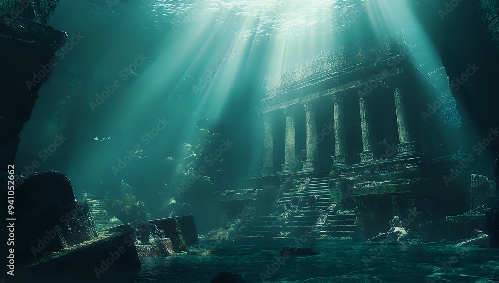 Obraz premium Sunbeams Illuminate Underwater Ruins of Ancient Temple