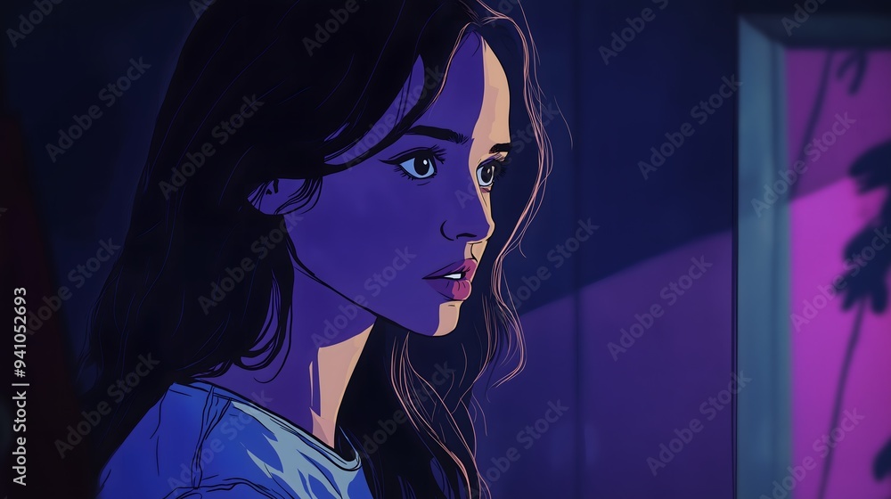 Young Woman in Neon Light, Contemplative Portrait Young Woman in Neon Light, Contemplative Portrait