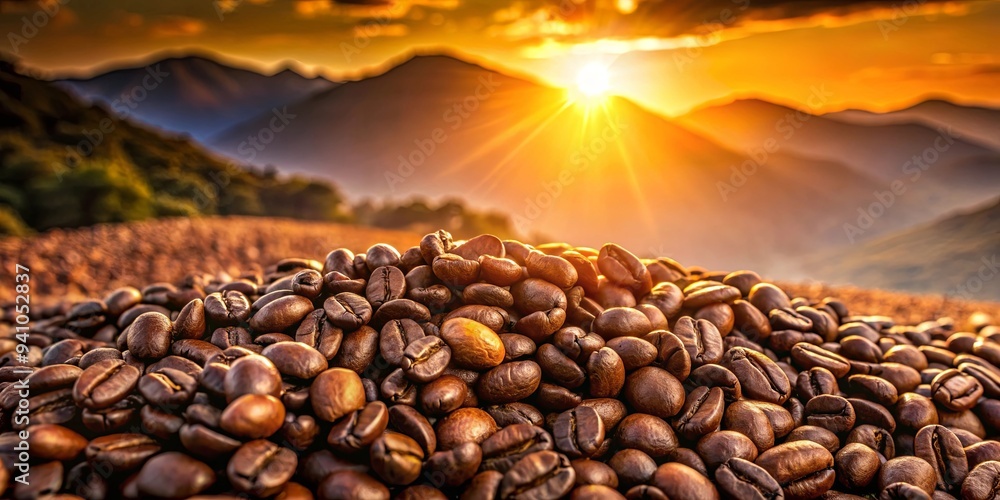 Obraz premium Closeup of coffee beans illuminated by warm sunset light in a mountainous setting