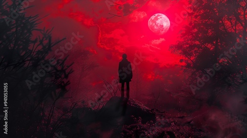 Silhouette of a Man in a Red Sky Forest