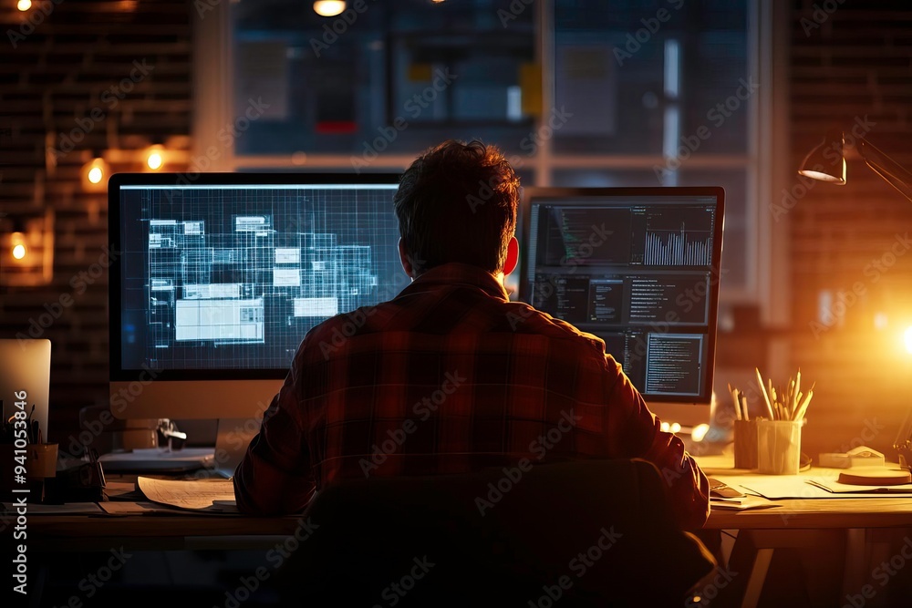 A focused individual working late at night on dual monitors, surrounded by a cozy workspace with ambient lighting. A focused individual working late at night on dual monitors, surrounded by a cozy workspace with ambient lighting.