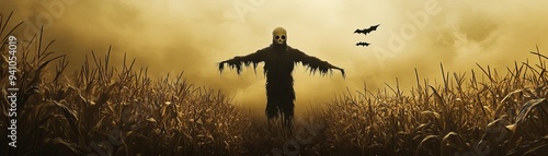 A haunting figure stands in a foggy cornfield, evoking a sense of mystery and eerie atmosphere amidst a desolate landscape.