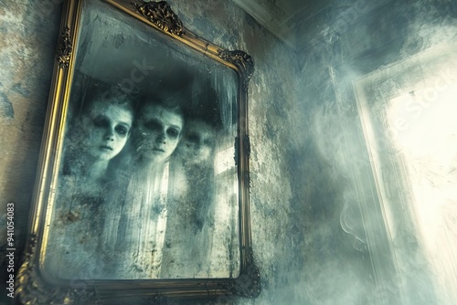 A haunting mirror reflects ghostly faces in a dimly lit, mysterious room filled with fog and eerie atmosphere.