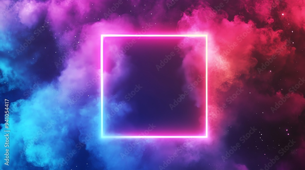 Bright pink neon light glows in a square shape, surrounded by blue and pink smoke against a dark background with white stars.
