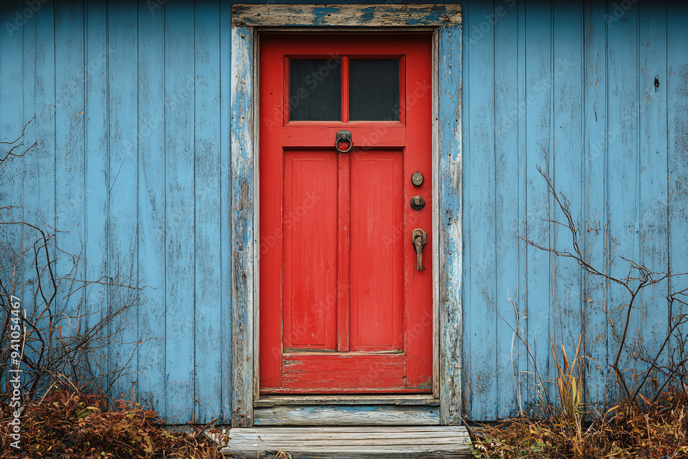A rural blue building with a striking red door, representing traditional architecture in a serene countryside setting. A rural blue building with a striking red door, representing traditional architecture in a serene countryside setting.