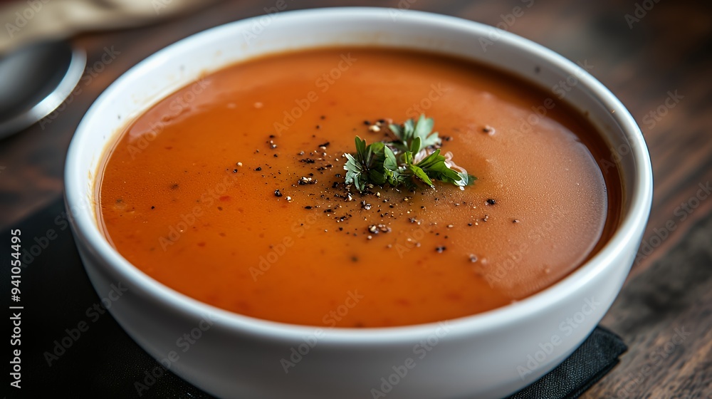 A bowl of creamy tomato soup garnished with herbs and pepper. A bowl of creamy tomato soup garnished with herbs and pepper.