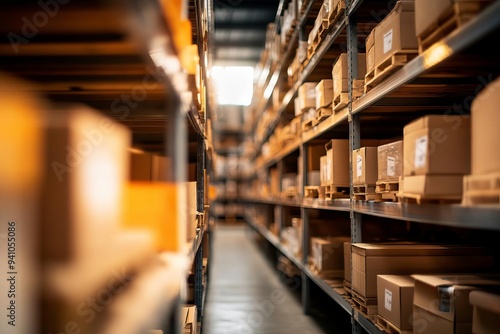 A modern warehouse interior with shelves lined with storage boxes, ideal for logistics, inventory, and organization themes.