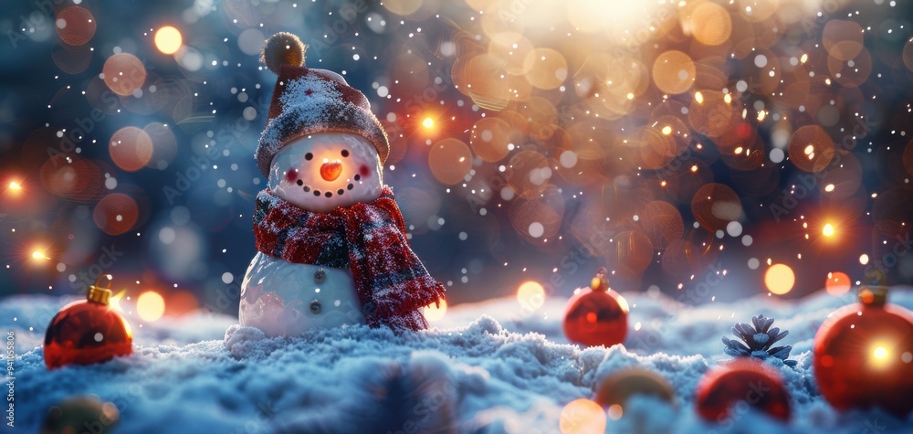 Festive snowman with a warm scarf and hat in a snowy landscape, surrounded by glowing holiday lights and ornaments. Festive snowman with a warm scarf and hat in a snowy landscape, surrounded by glowing holiday lights and ornaments.