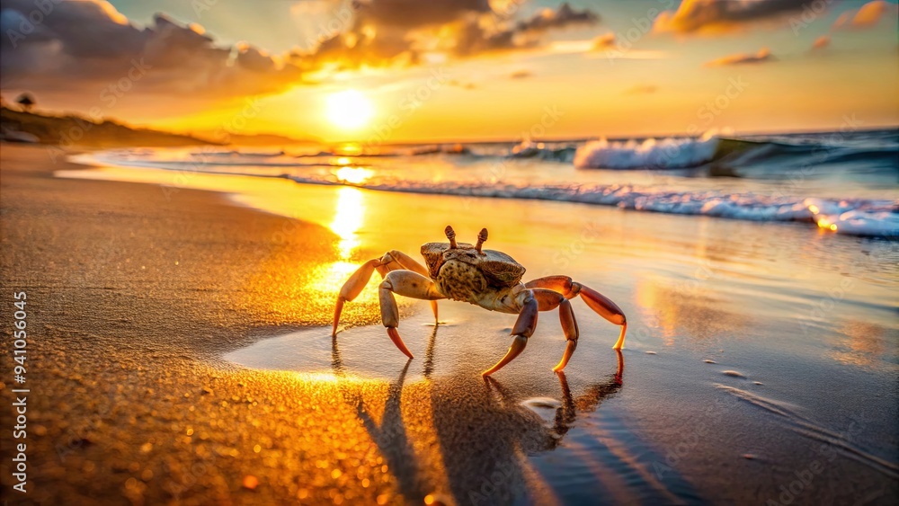 Crab walking across sandy beach during sunset Crab walking across sandy beach during sunset