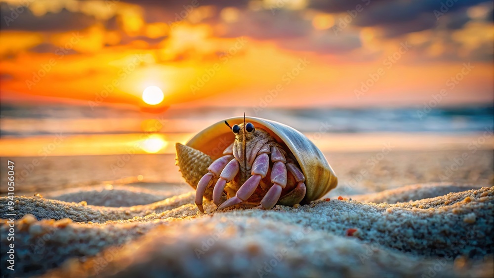 Obraz premium Hermit crab peeking out of its shell on a sandy beach during a beautiful sunset evening